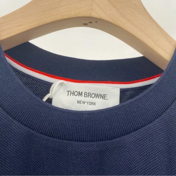 Thom Browne Blue Short Sleeve Tee with White Stripe Detail